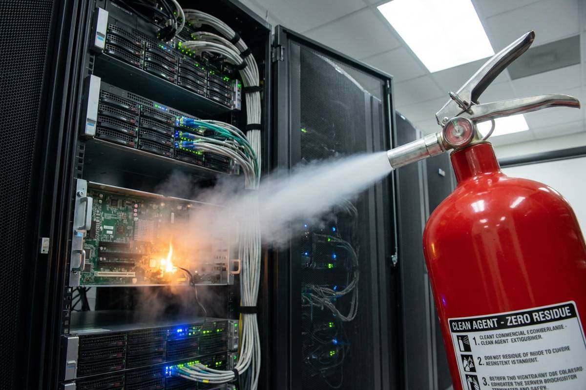 Clean agent fire extinguisher discharging gaseous mist onto a small electrical fire in a server cabinet