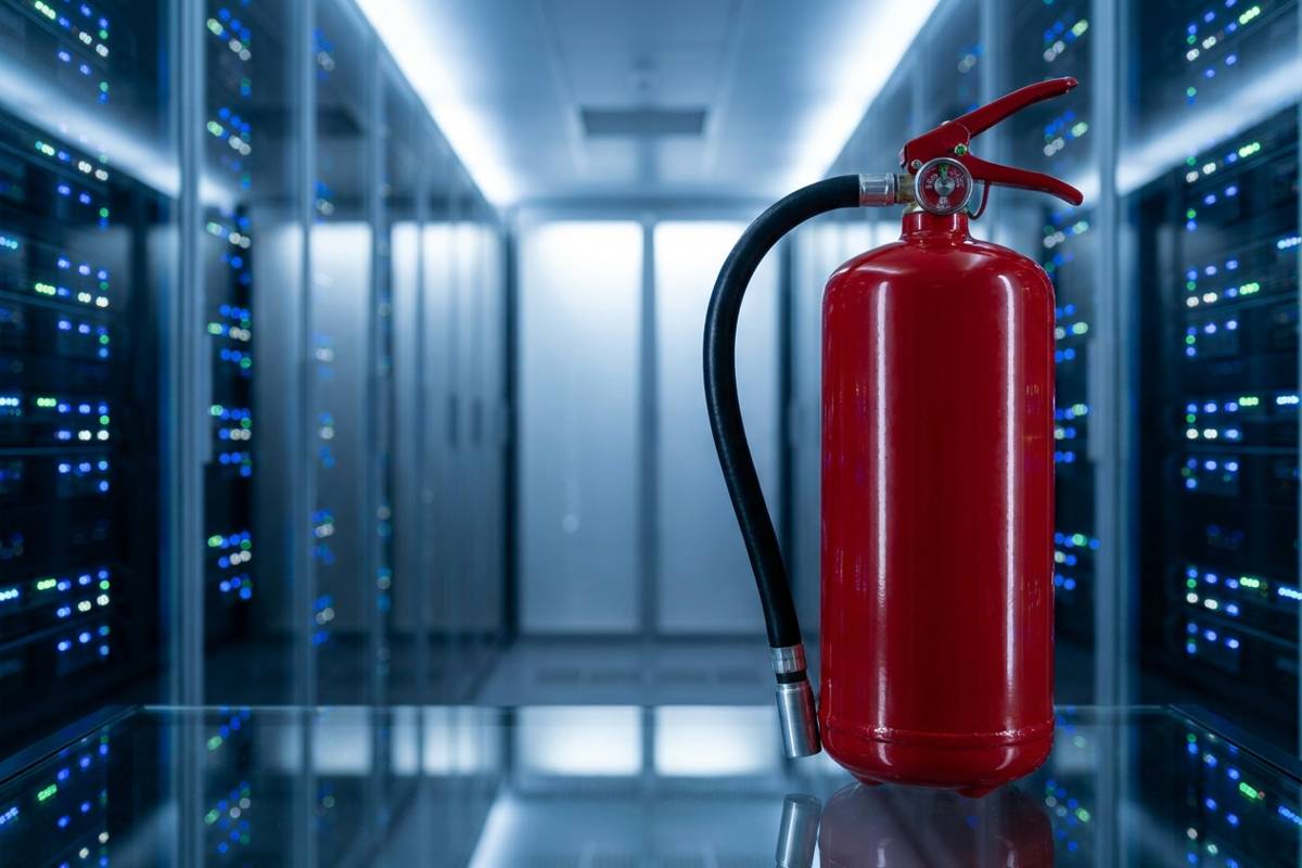 Red clean agent fire extinguisher with flexible hose in a server room with equipment racks