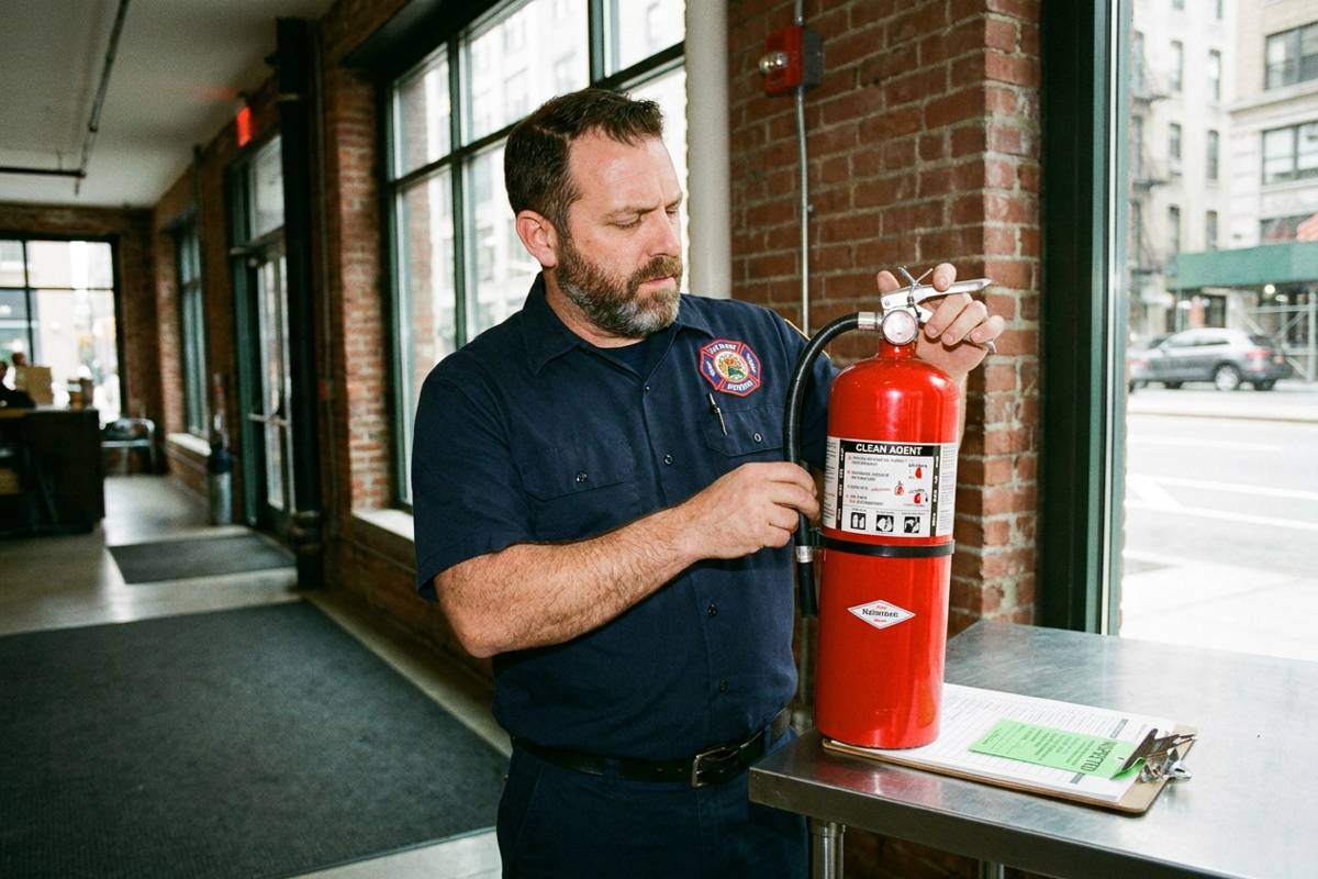 Fire safety technician checking the pressure gauge on a clean agent fire extinguisher