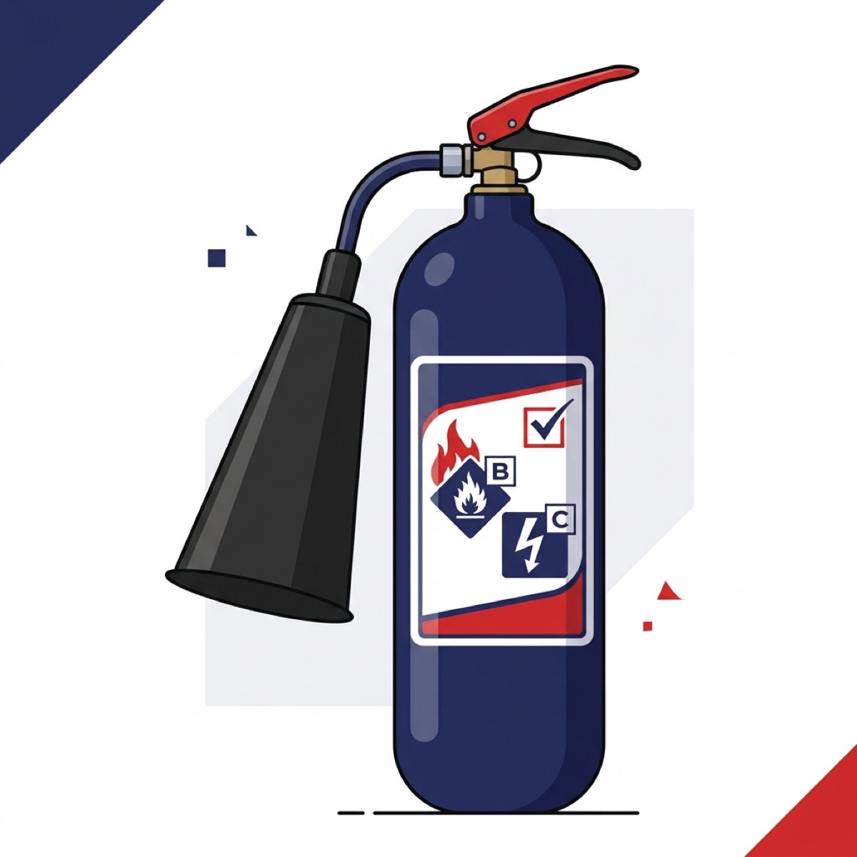 CO2 fire extinguisher with black horn nozzle and high-pressure cylinder for Class B and C fires