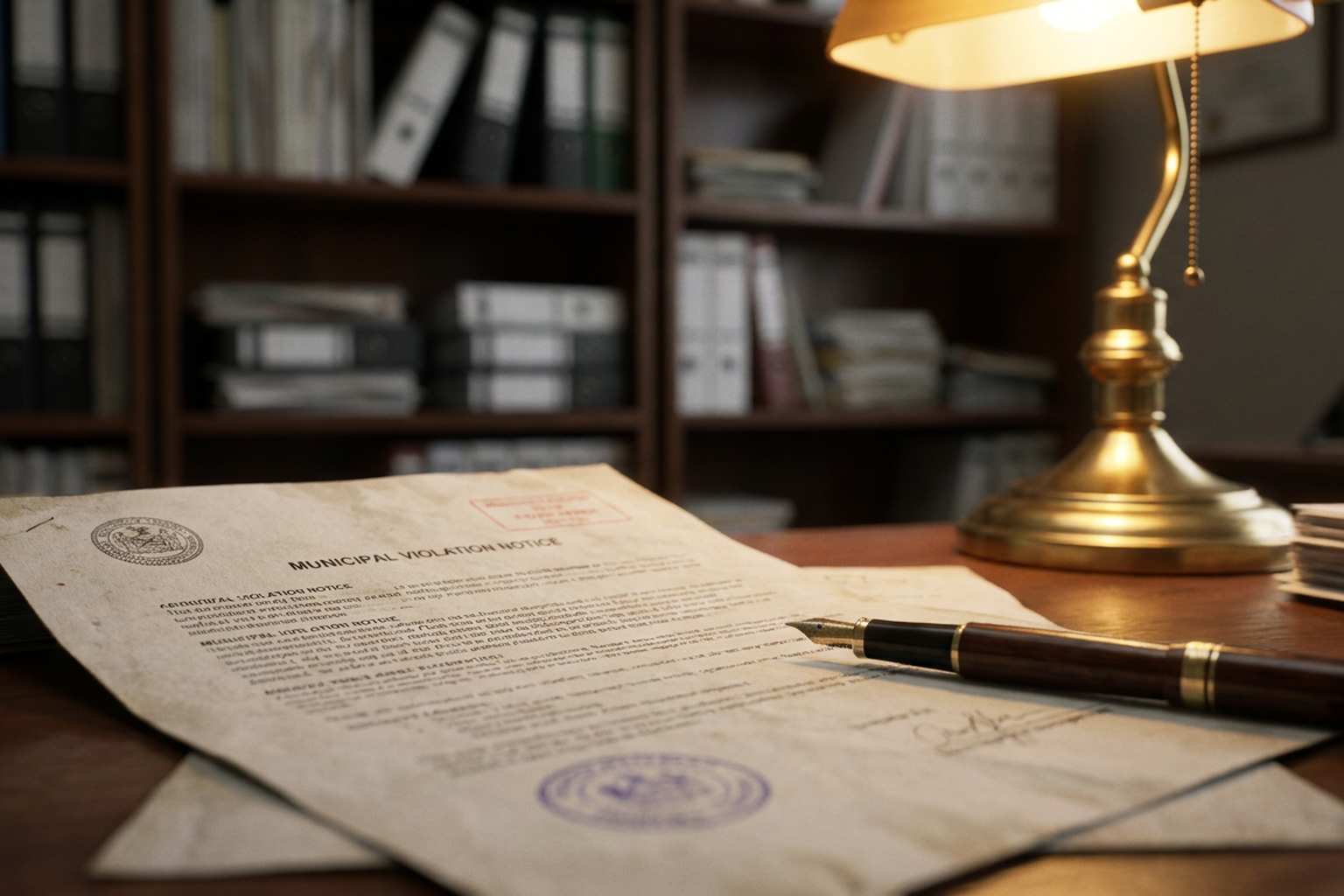 FDNY violation notice document and pen on a property manager's desk in New York