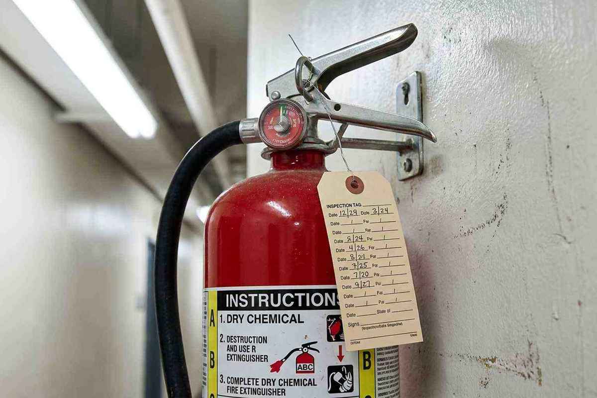 Red ABC fire extinguisher mounted on a wall with a paper inspection tag in a New York City hallway