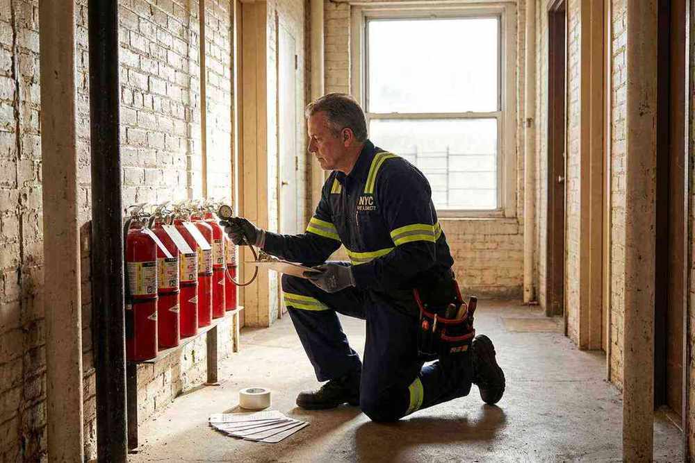 Fire safety technician servicing fire extinguishers and applying new inspection tags in an NYC apartment corridor