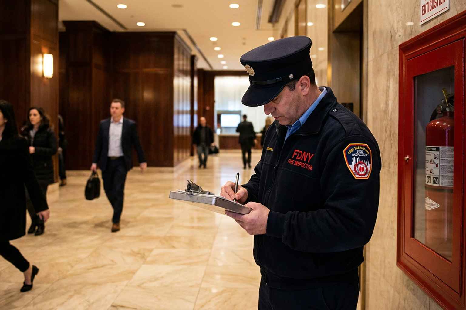 FDNY inspector in uniform writing a fire code violation notice in a New York City commercial building lobby
