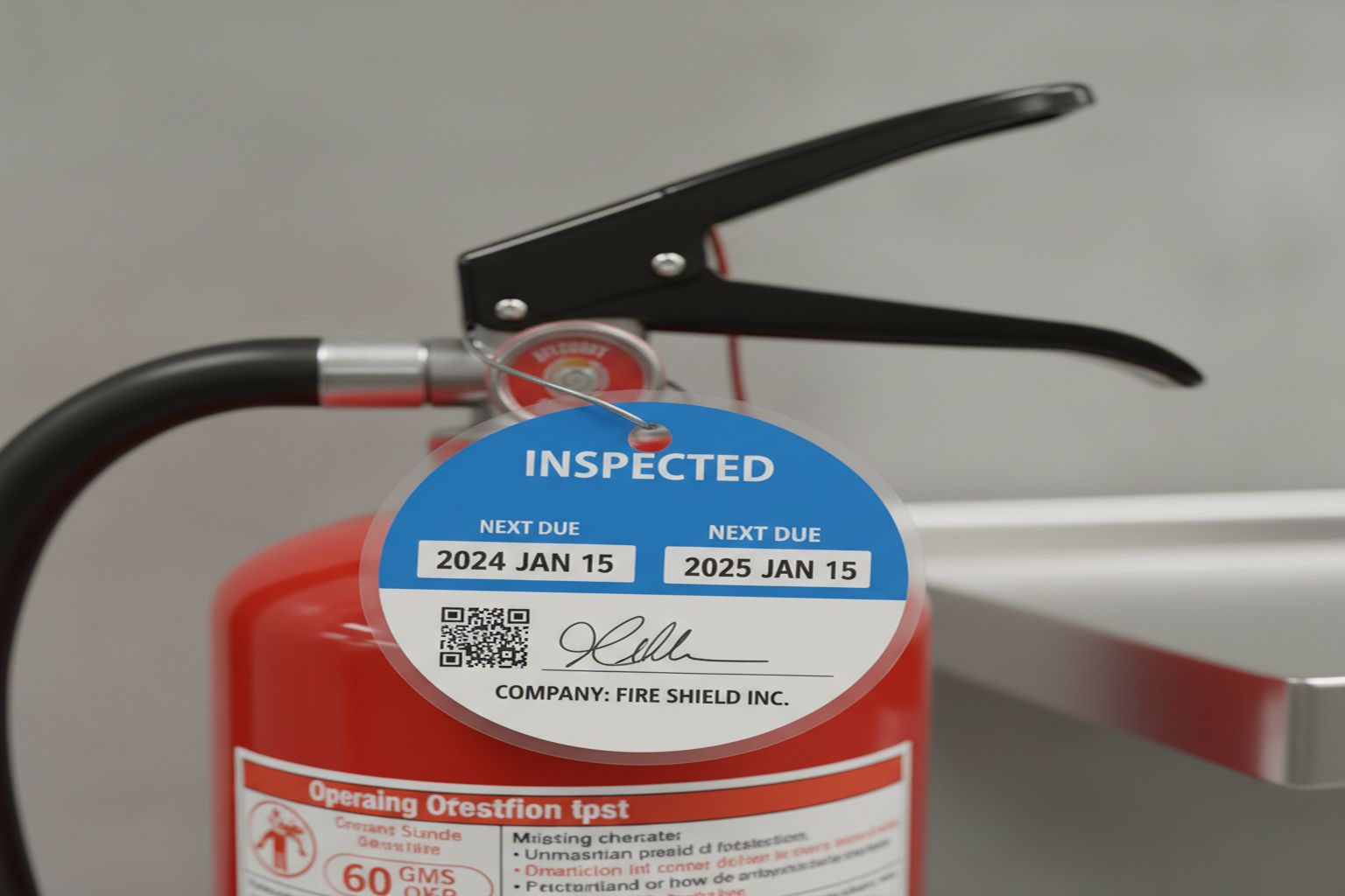 Close-up of fire extinguisher certification inspection tag with date and technician signature