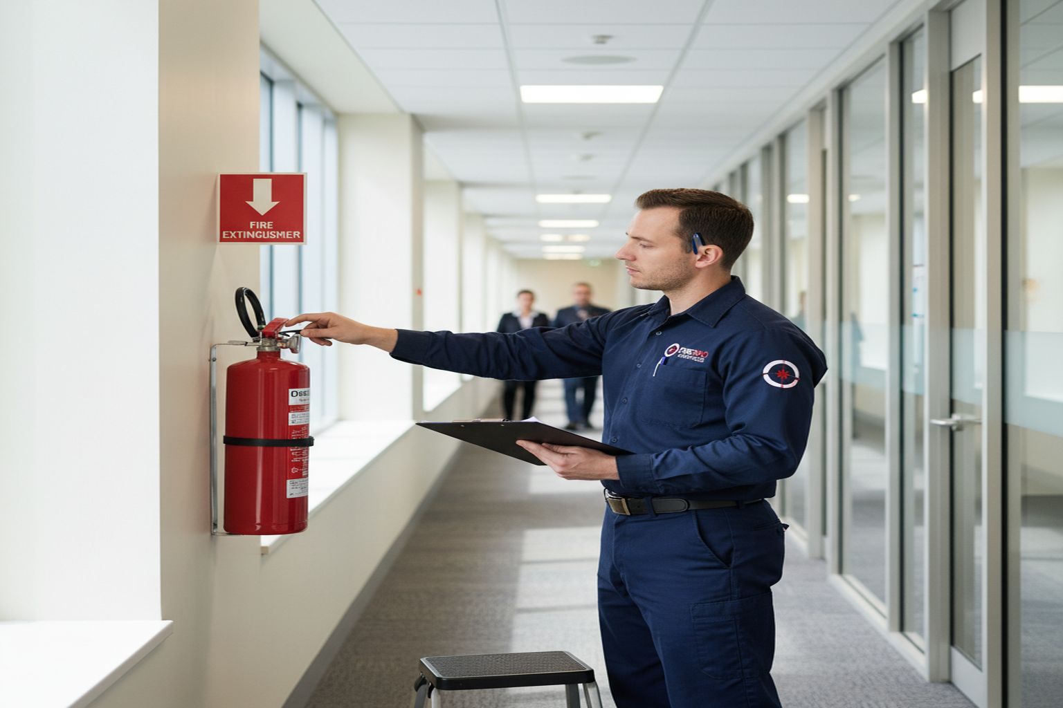 Fire extinguisher technician checking pressure gauge during annual certification