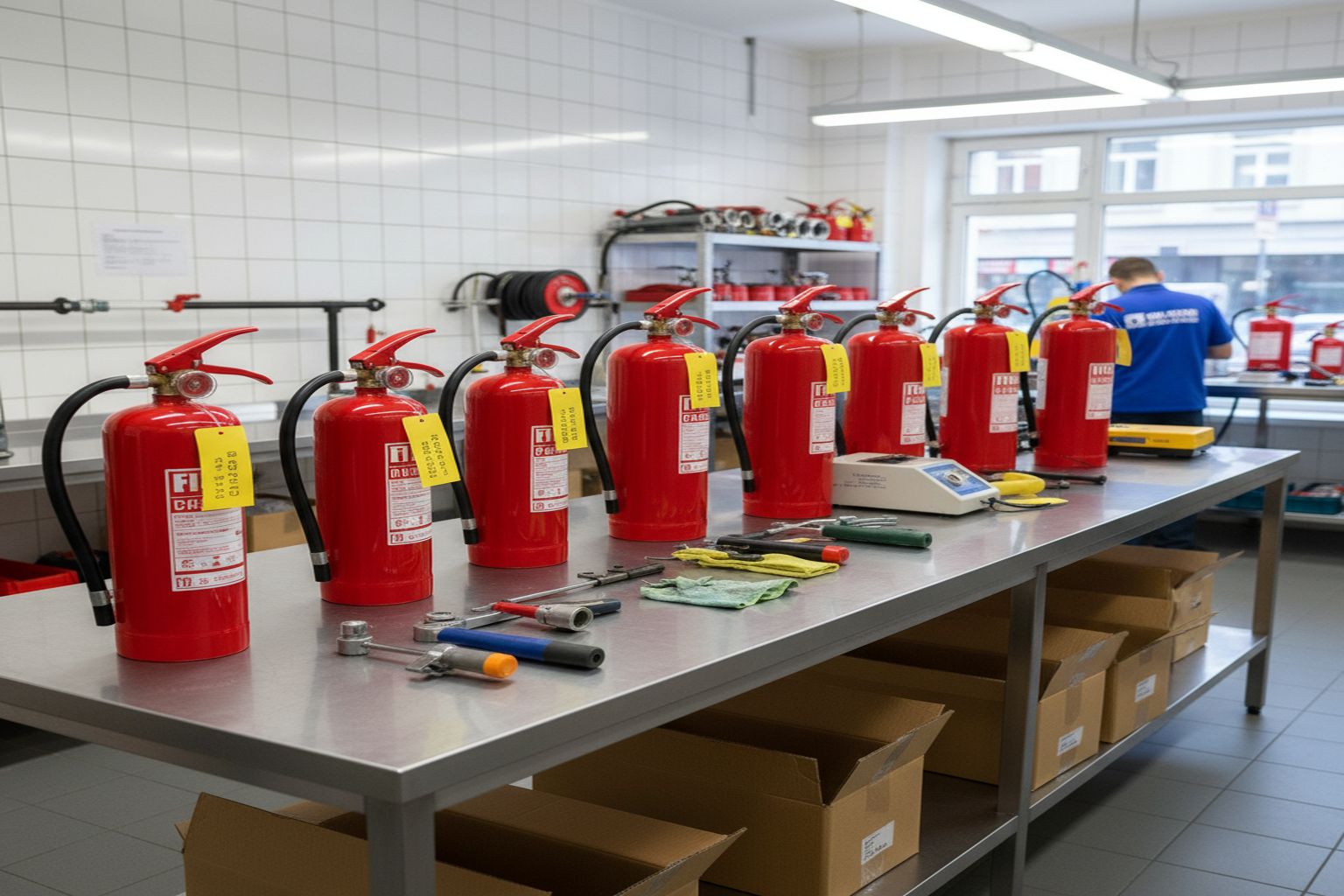 Row of fire extinguishers lined up for certification inspection at service facility