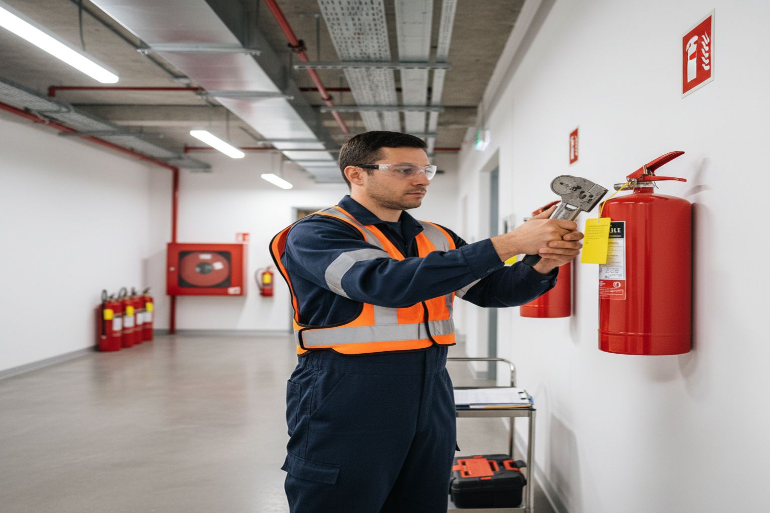Fire extinguisher certification tag being attached by professional technician during annual inspection