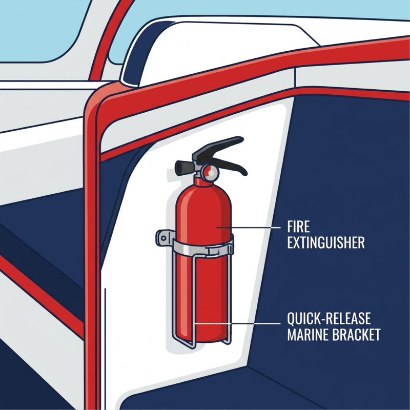 Marine fire extinguisher properly mounted in quick-release bracket on a recreational boat near the helm