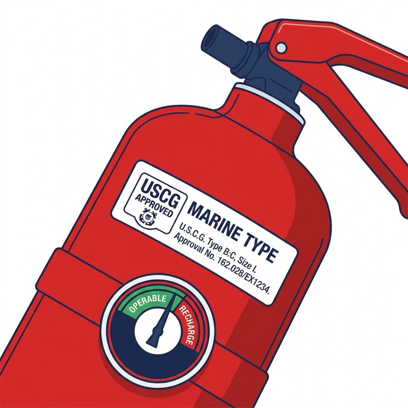 USCG-approved marine fire extinguisher mounted on a boat with visible approval label and mounting bracket