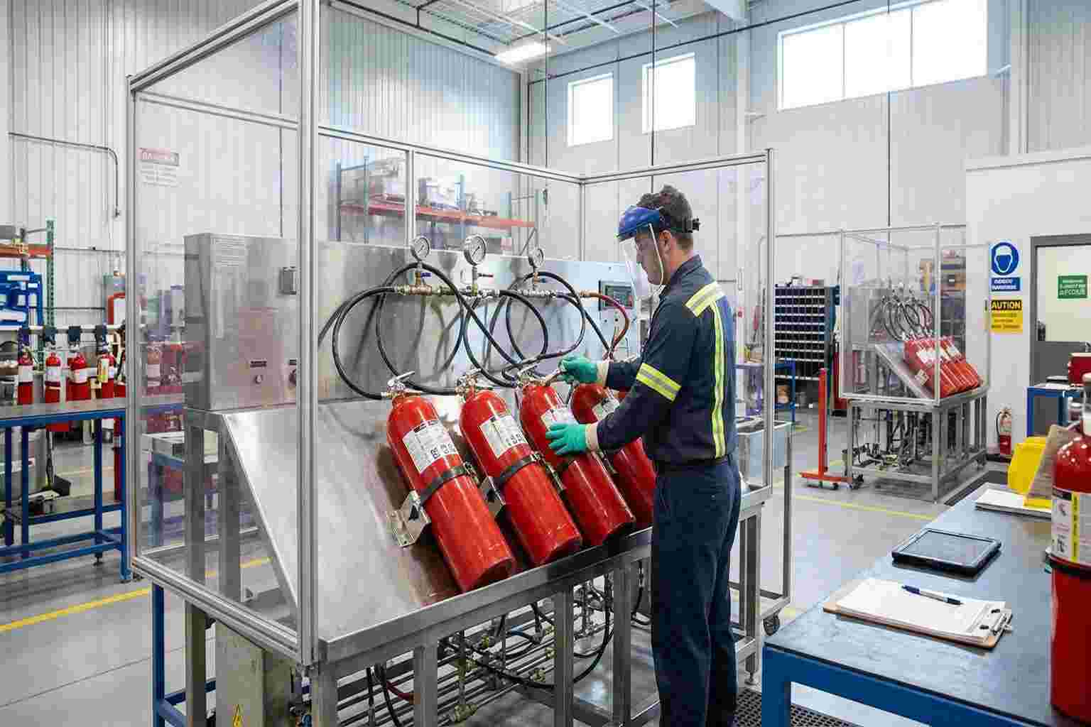 Certified technician performing hydrostatic testing on fire extinguisher cylinders at a testing facility