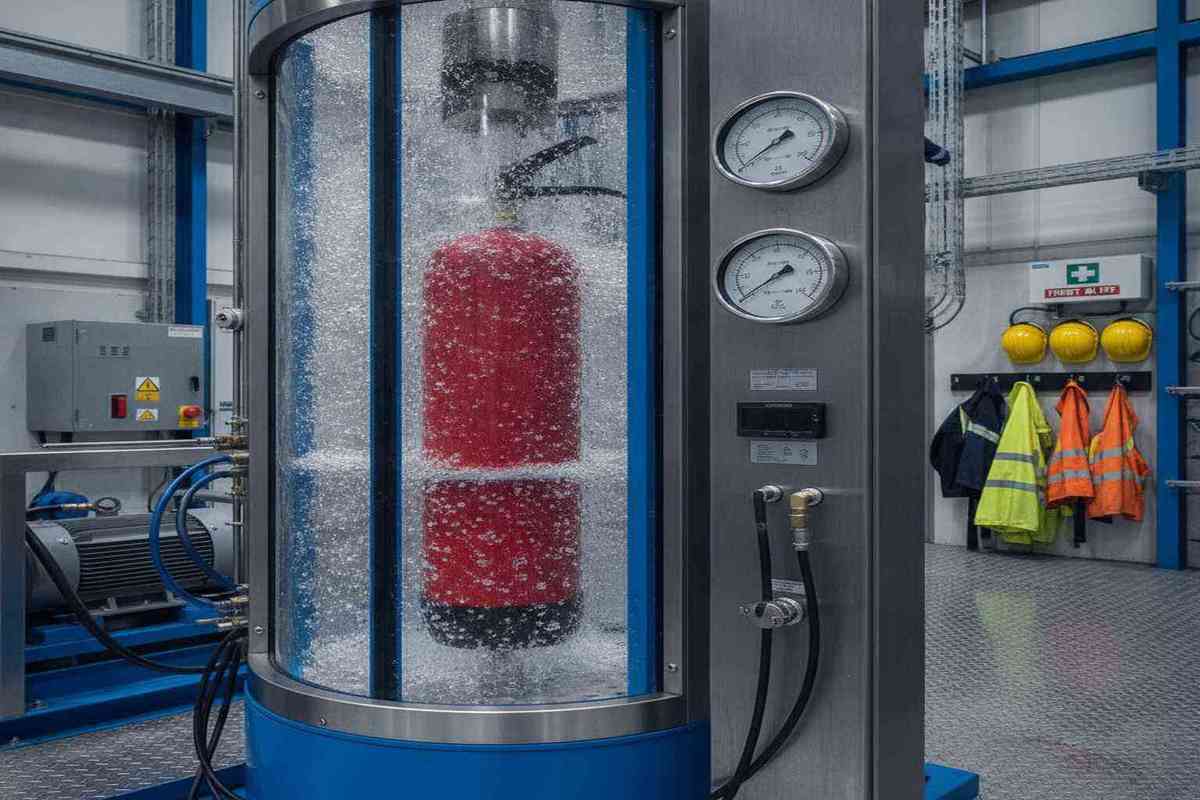 Fire extinguisher cylinder undergoing hydrostatic pressure testing in a certified facility
