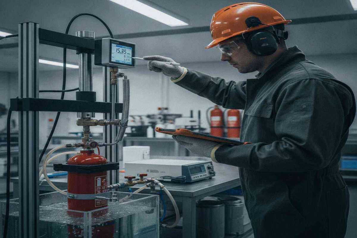 Certified technician measuring cylinder expansion during hydrostatic testing of fire extinguisher