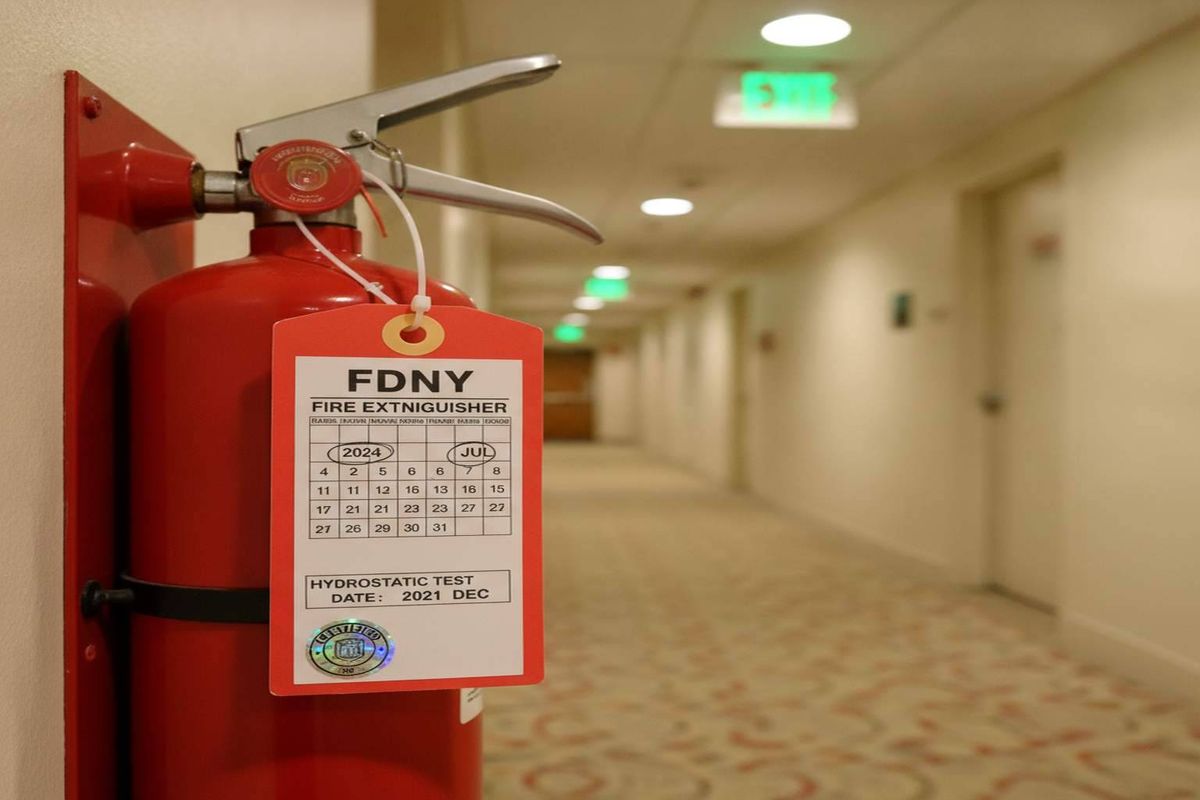 FDNY inspection tag on fire extinguisher showing hydrostatic test date compliance