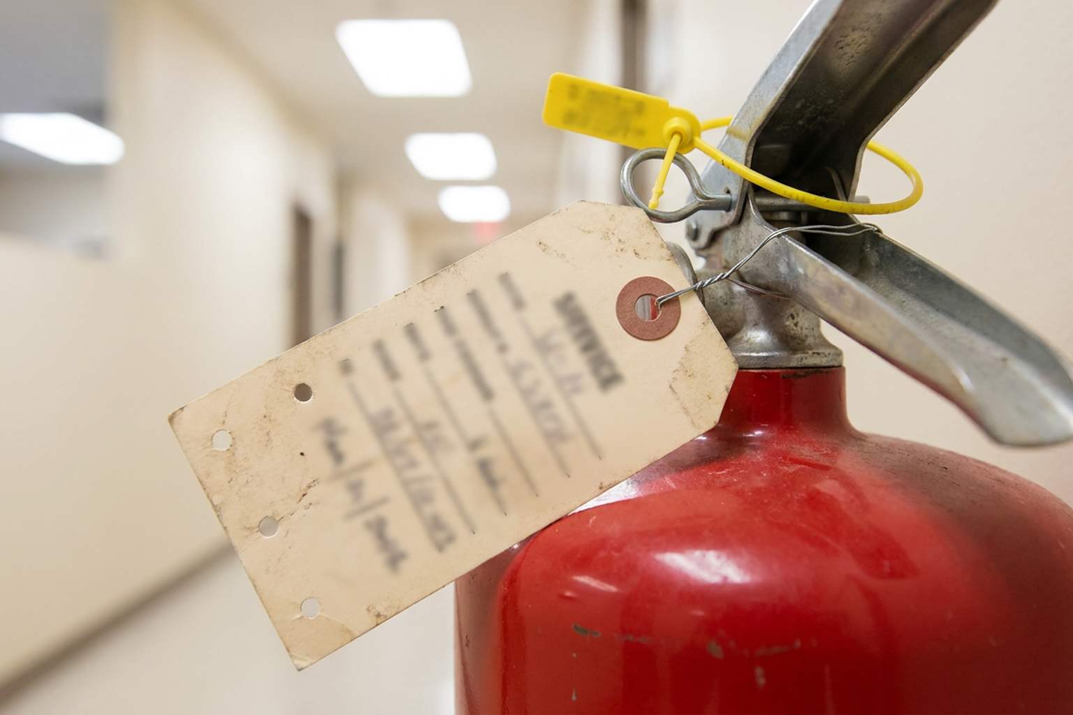 Annual inspection tag and tamper seal on a fire extinguisher pull pin