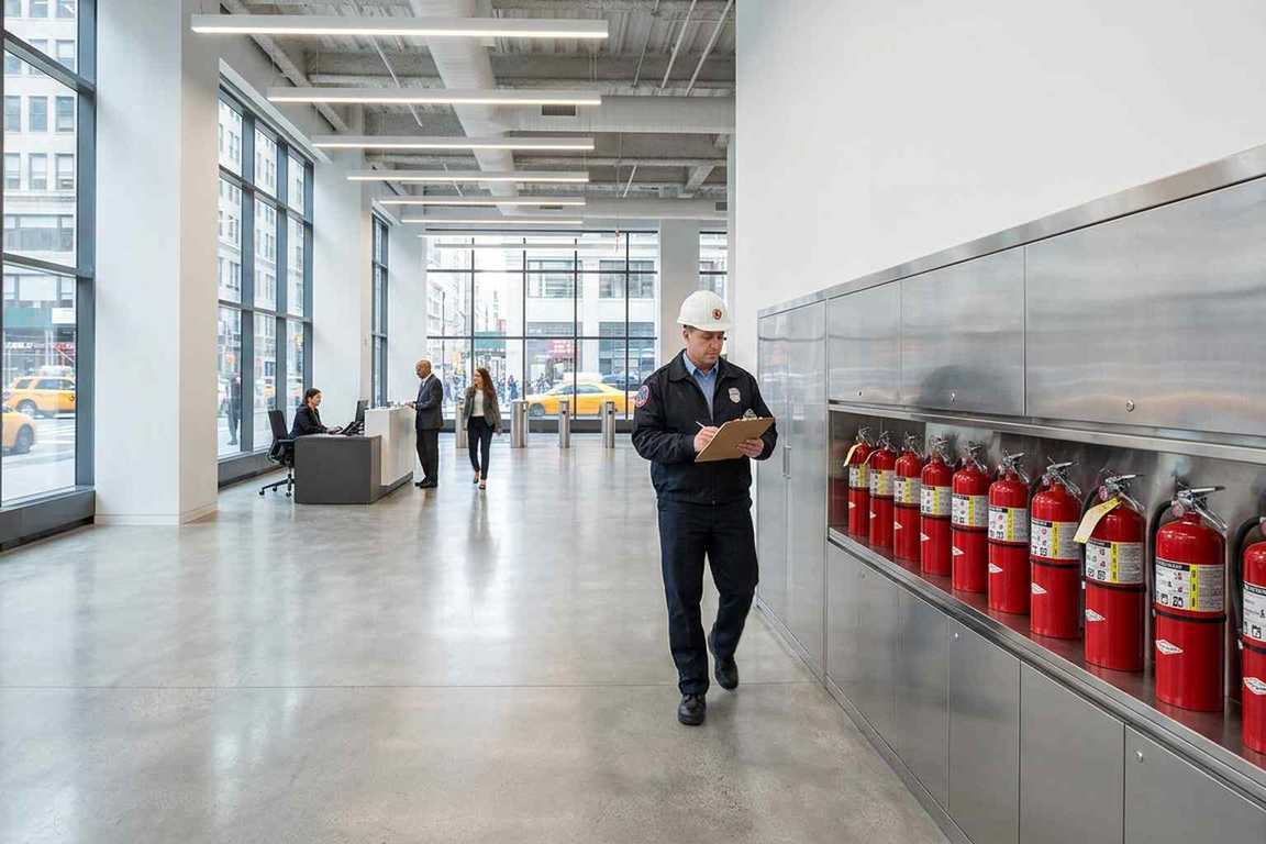 Row of fire extinguishers in a wall cabinet in a commercial building with inspector walking past