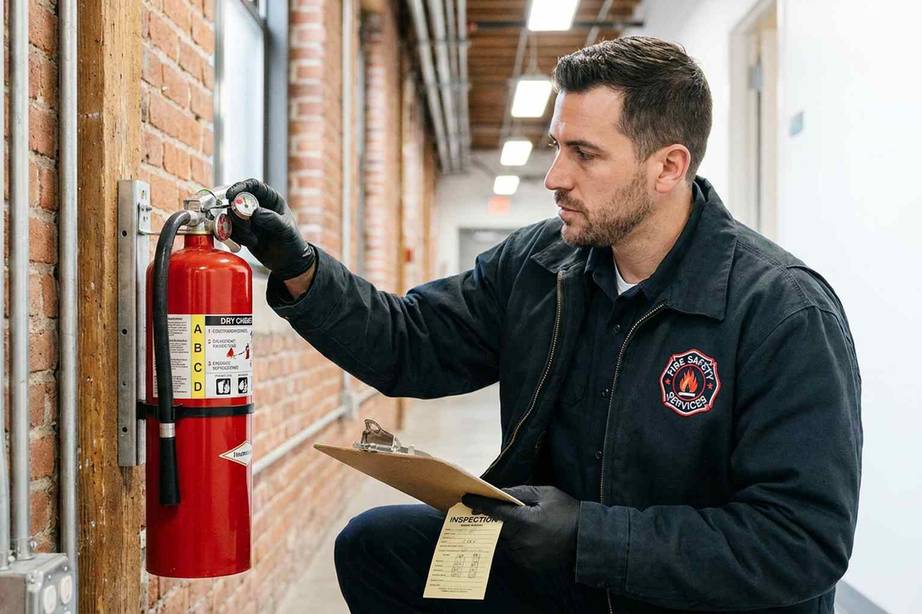 Certified technician performing an annual fire extinguisher inspection in a Brooklyn commercial building
