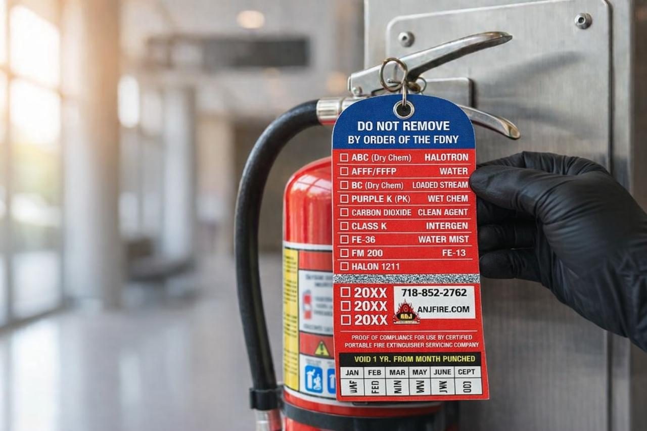 A&J Fire Extinguisher FDNY inspection tag on red fire extinguisher in Brooklyn NYC commercial building
