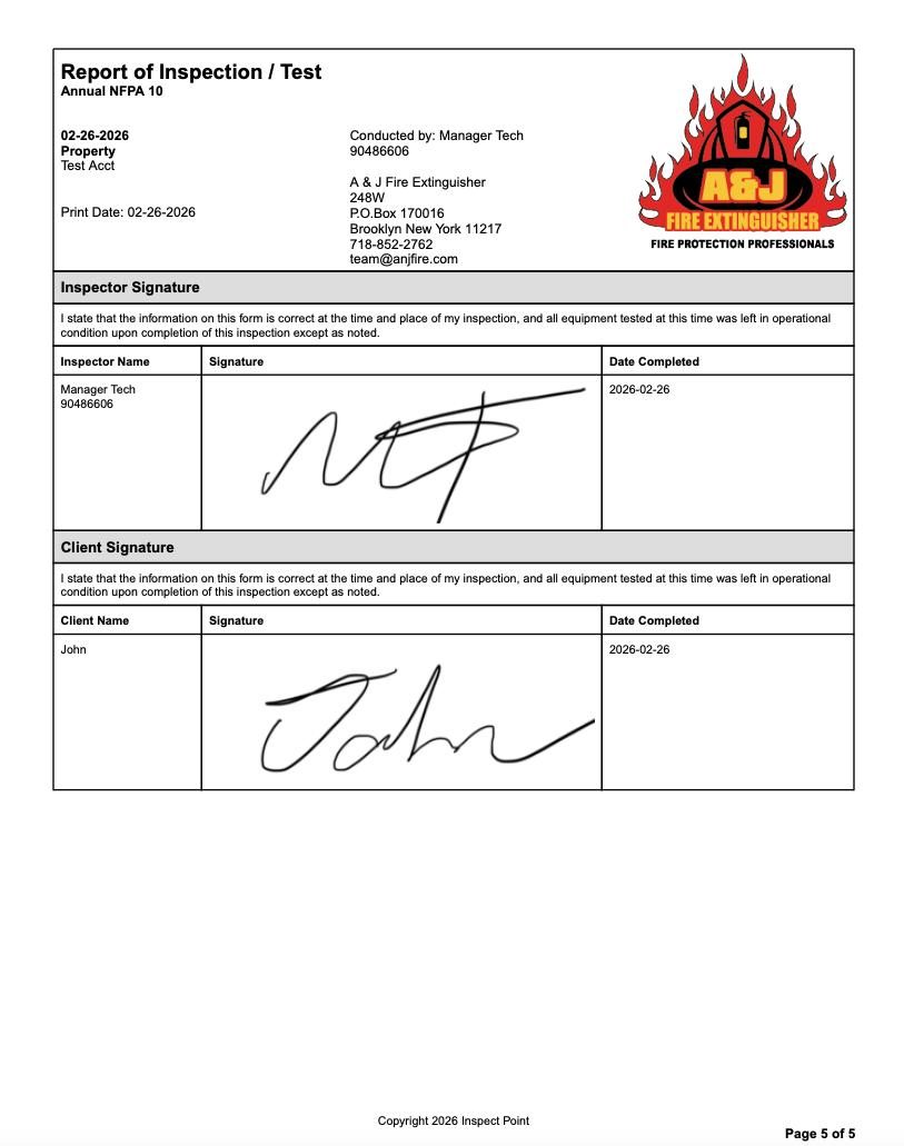 A&J Fire digital inspection report signature page showing dual signed verification from inspector and client with NFPA 10 compliance attestation