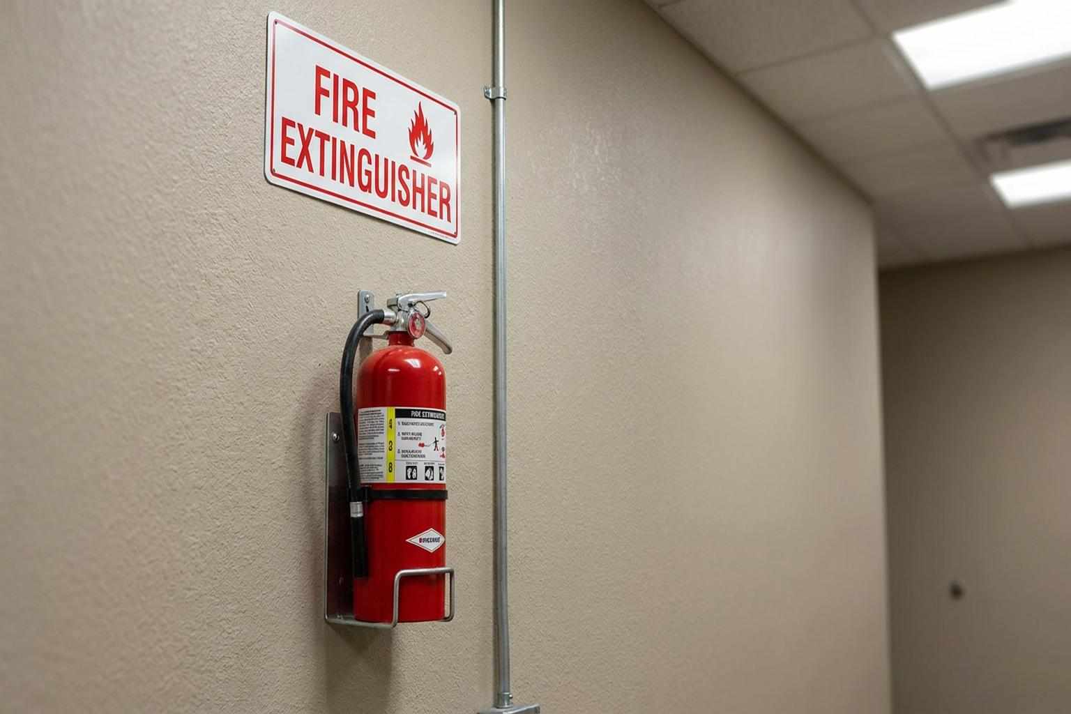 Fire extinguisher mounted at proper height with location sign above it
