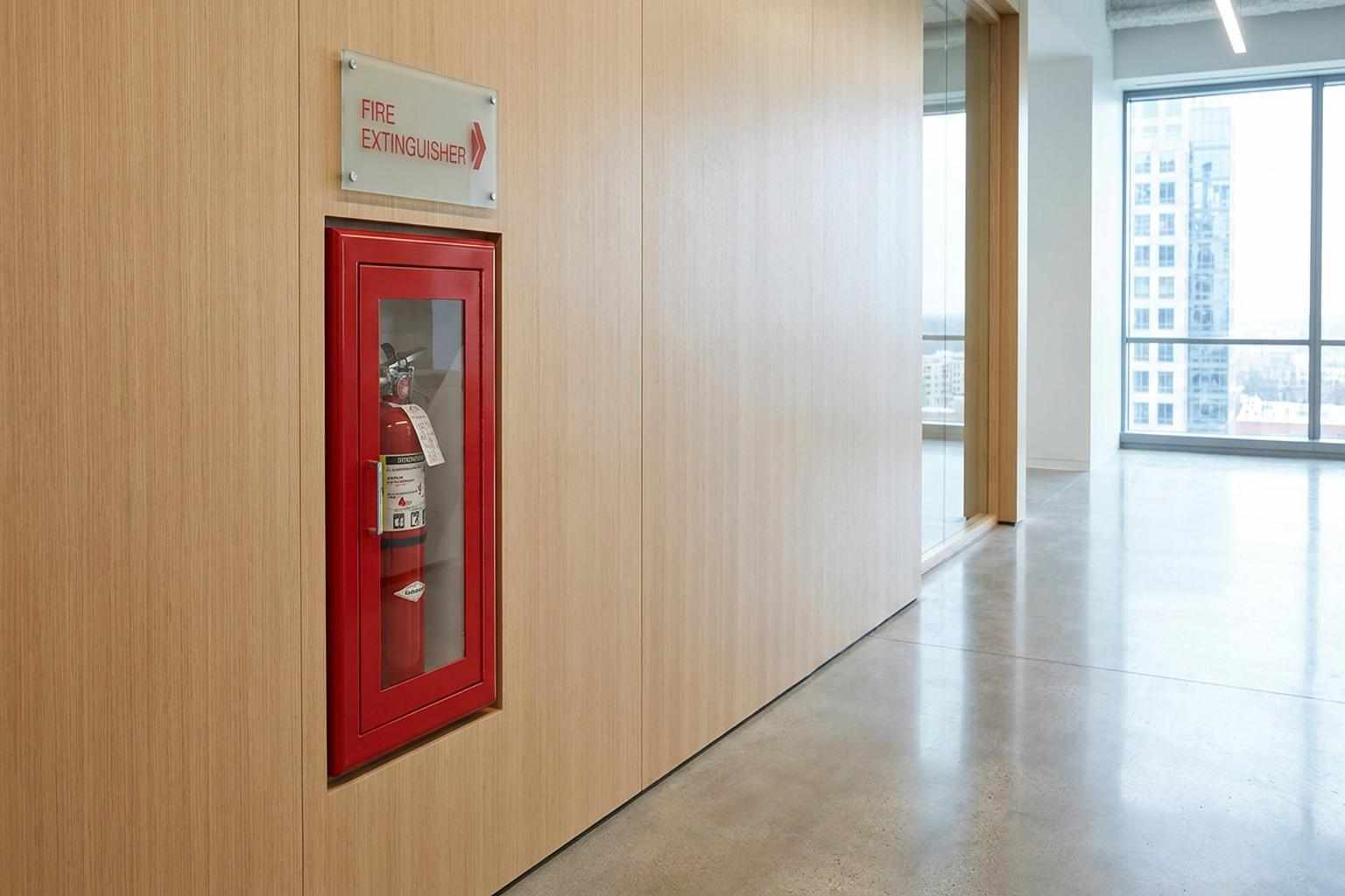 Fire extinguisher cabinet in a commercial office building