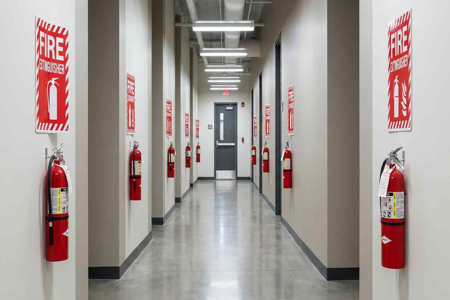 Multiple fire extinguishers spaced along a commercial hallway
