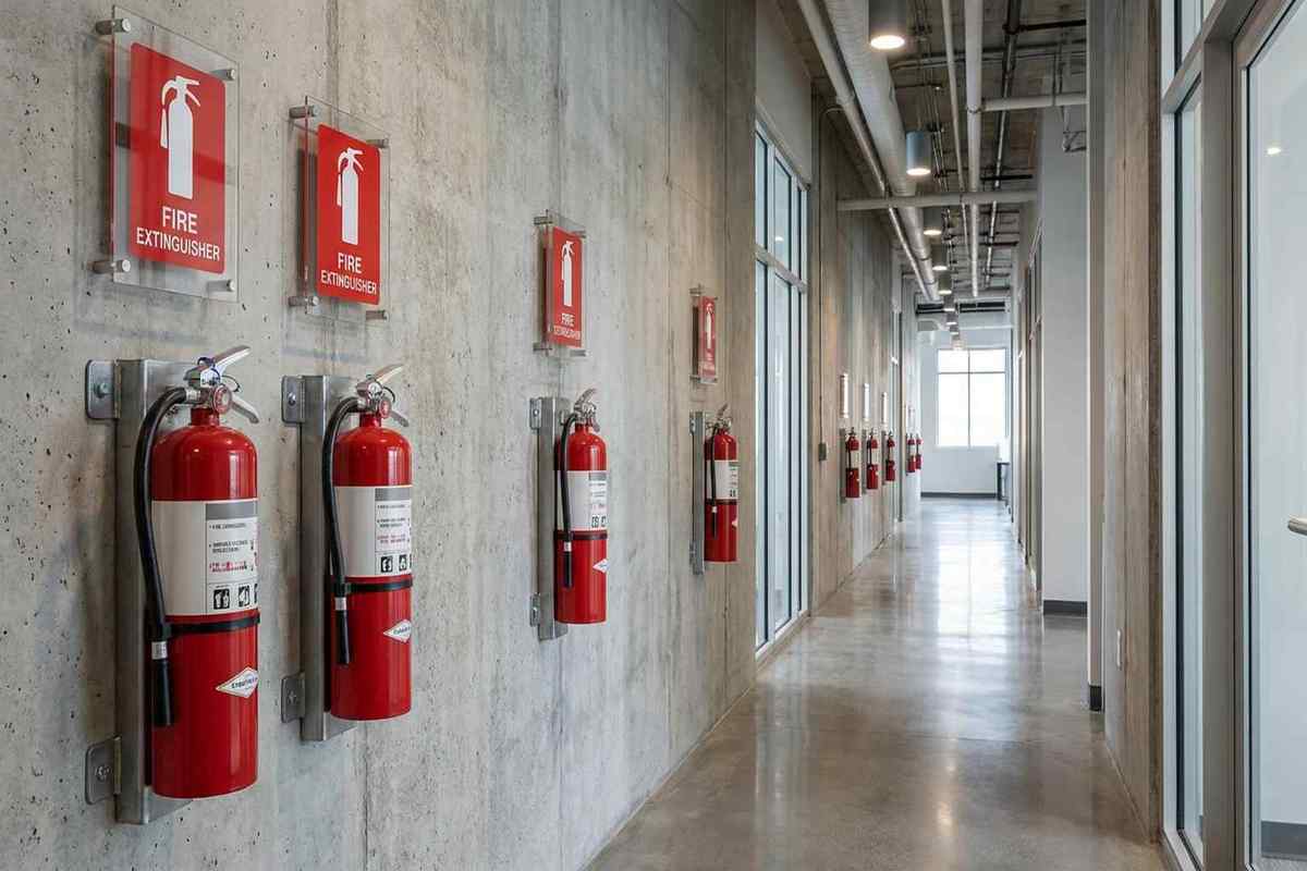 Fire extinguishers mounted on brackets along a commercial corridor wall