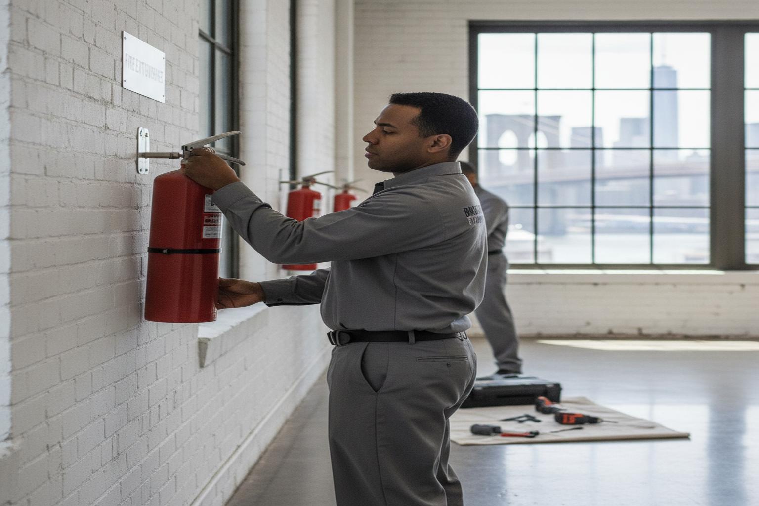 Fire extinguisher replacement service technician installing a new commercial ABC extinguisher on a wall bracket in a Brooklyn office building