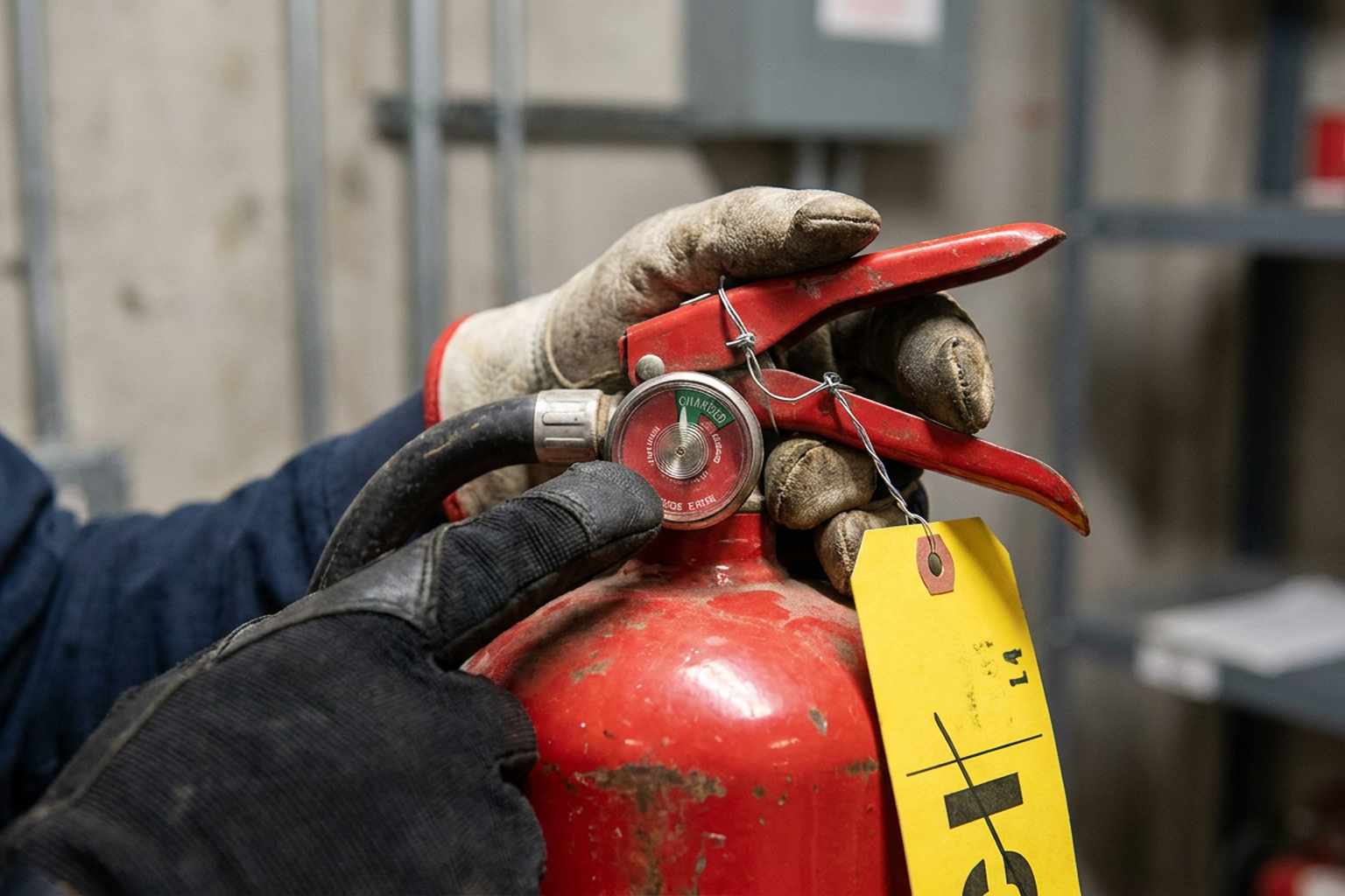 Fire safety technician checking the pressure gauge on a red commercial fire extinguisher during annual service
