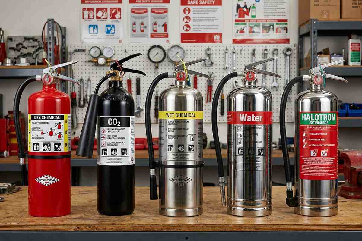 Row of fire extinguishers including ABC dry chemical, CO2, Class K wet chemical, water, and clean agent units on a service shop workbench