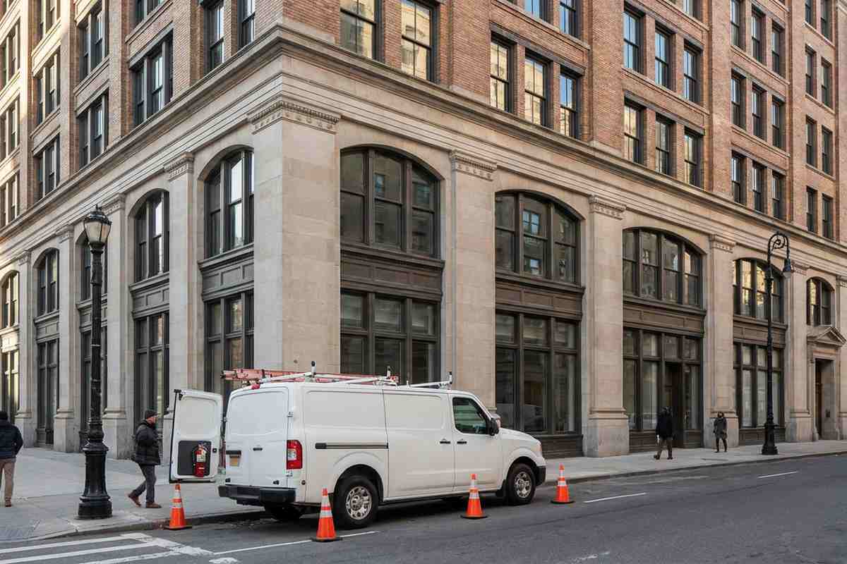 Brooklyn commercial office building with a fire safety service van parked at the curb