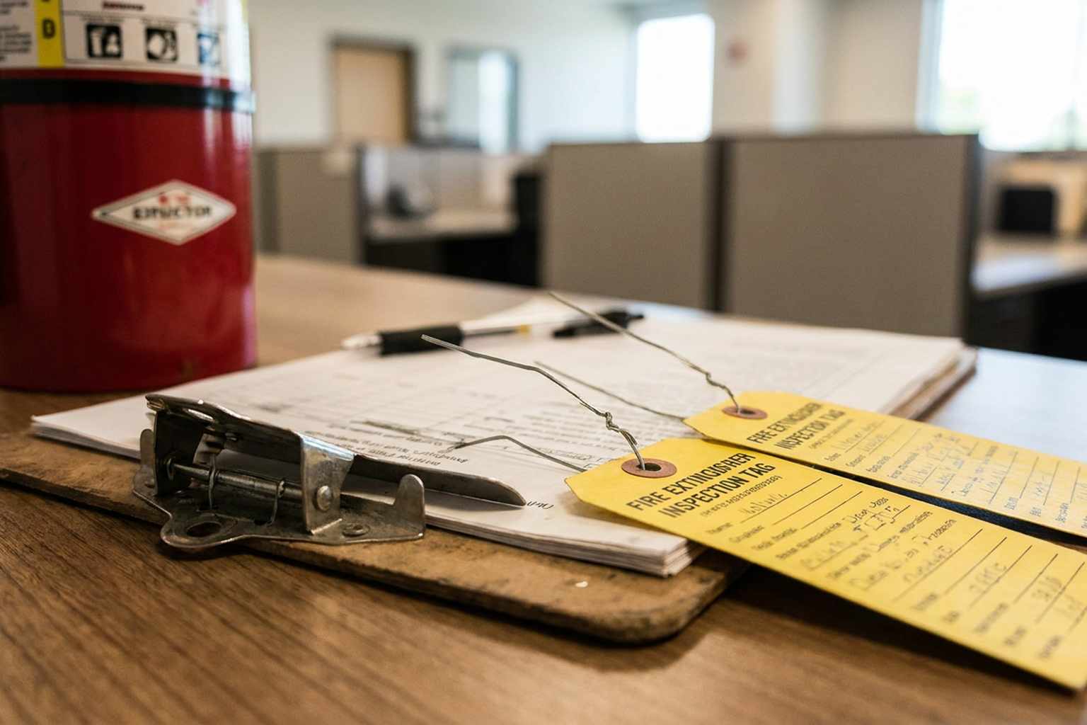 Fire extinguisher inspection record tags and a maintenance report clipboard on a table