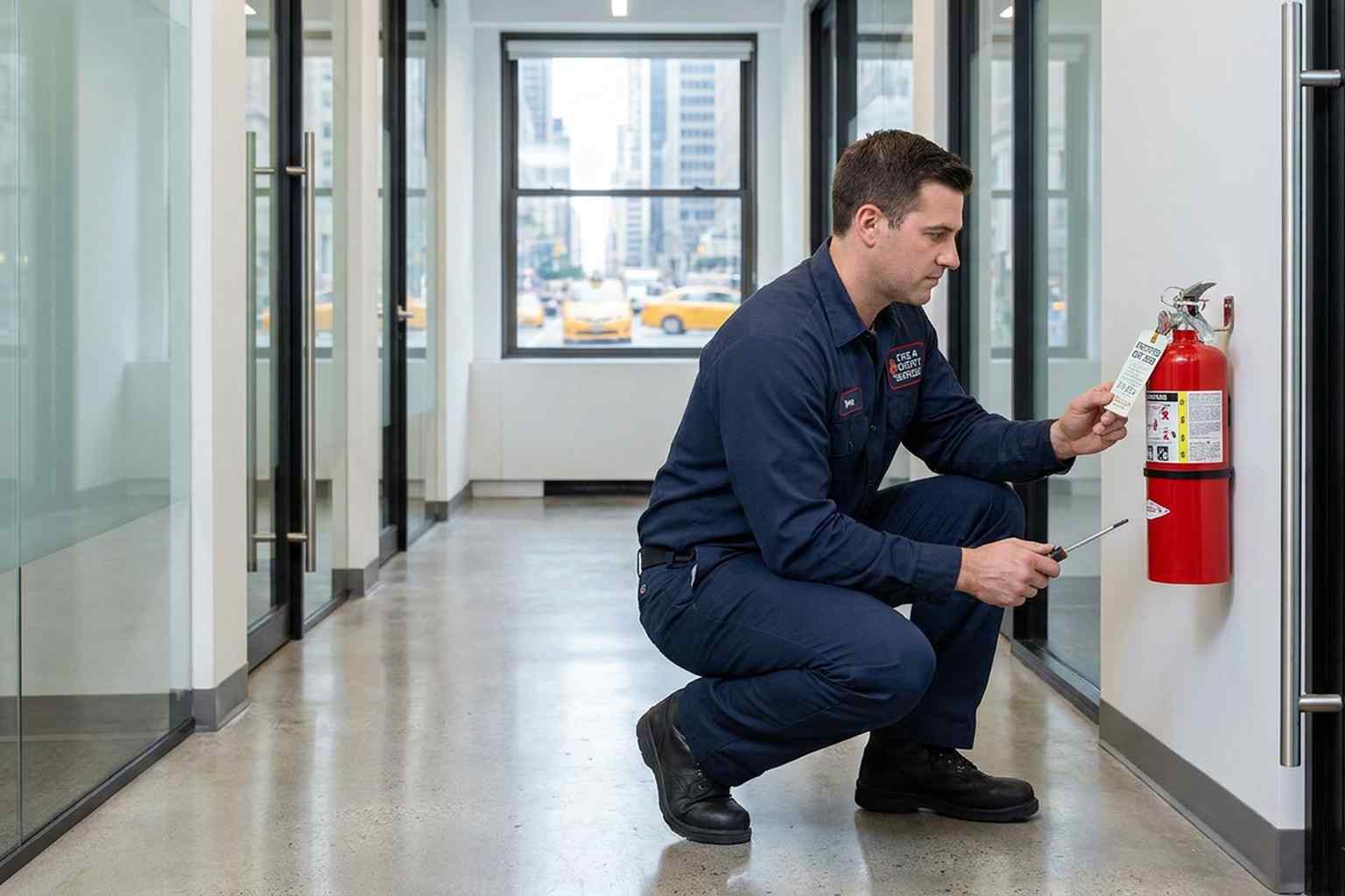 Fire safety technician servicing a red ABC fire extinguisher mounted in a NYC commercial building corridor