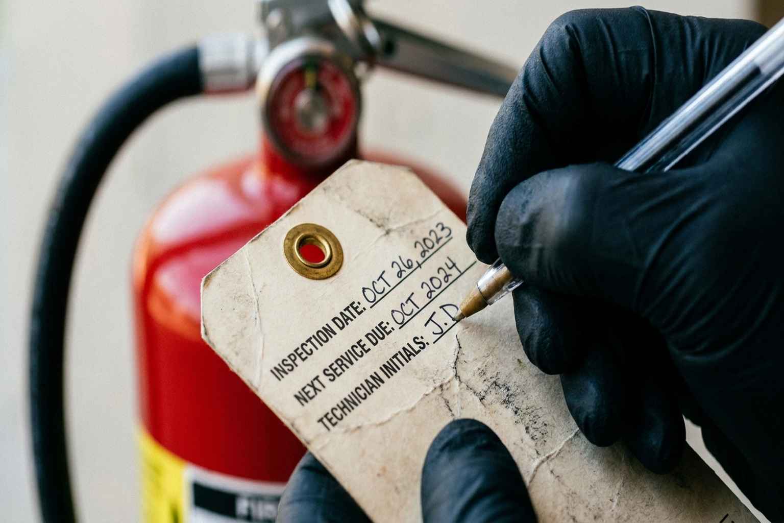 Fire extinguisher service tag being filled out by certified technician during annual inspection