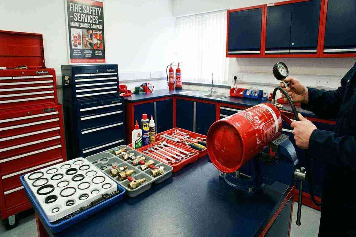 Fire extinguisher maintenance workbench with service tools, O-rings, and replacement valves