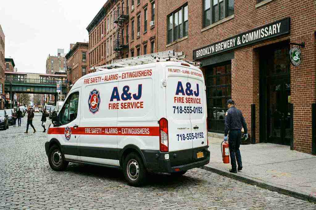 A&J Fire service van outside Brooklyn commercial building for fire extinguisher maintenance