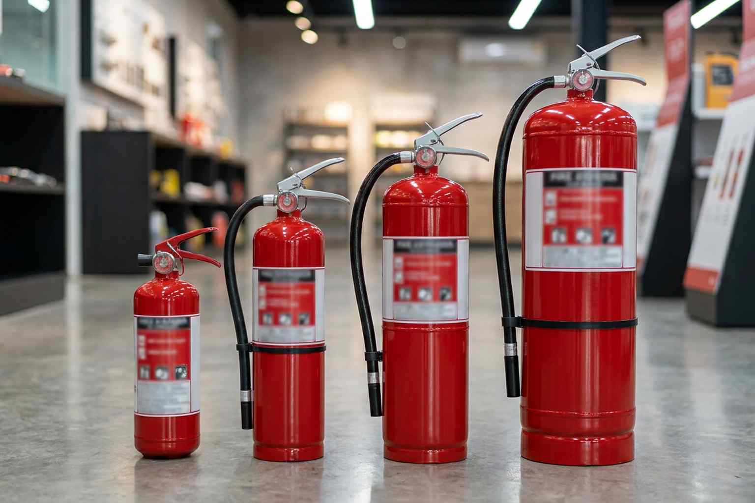 Four red fire extinguishers in different sizes from 2.5 lb to 20 lb lined up side by side