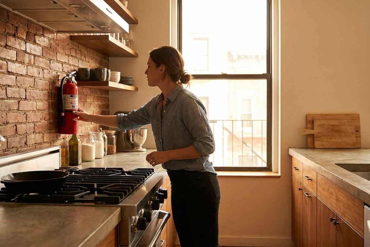 Homeowner reaching for a 5 lb fire extinguisher mounted on a kitchen wall near the stove