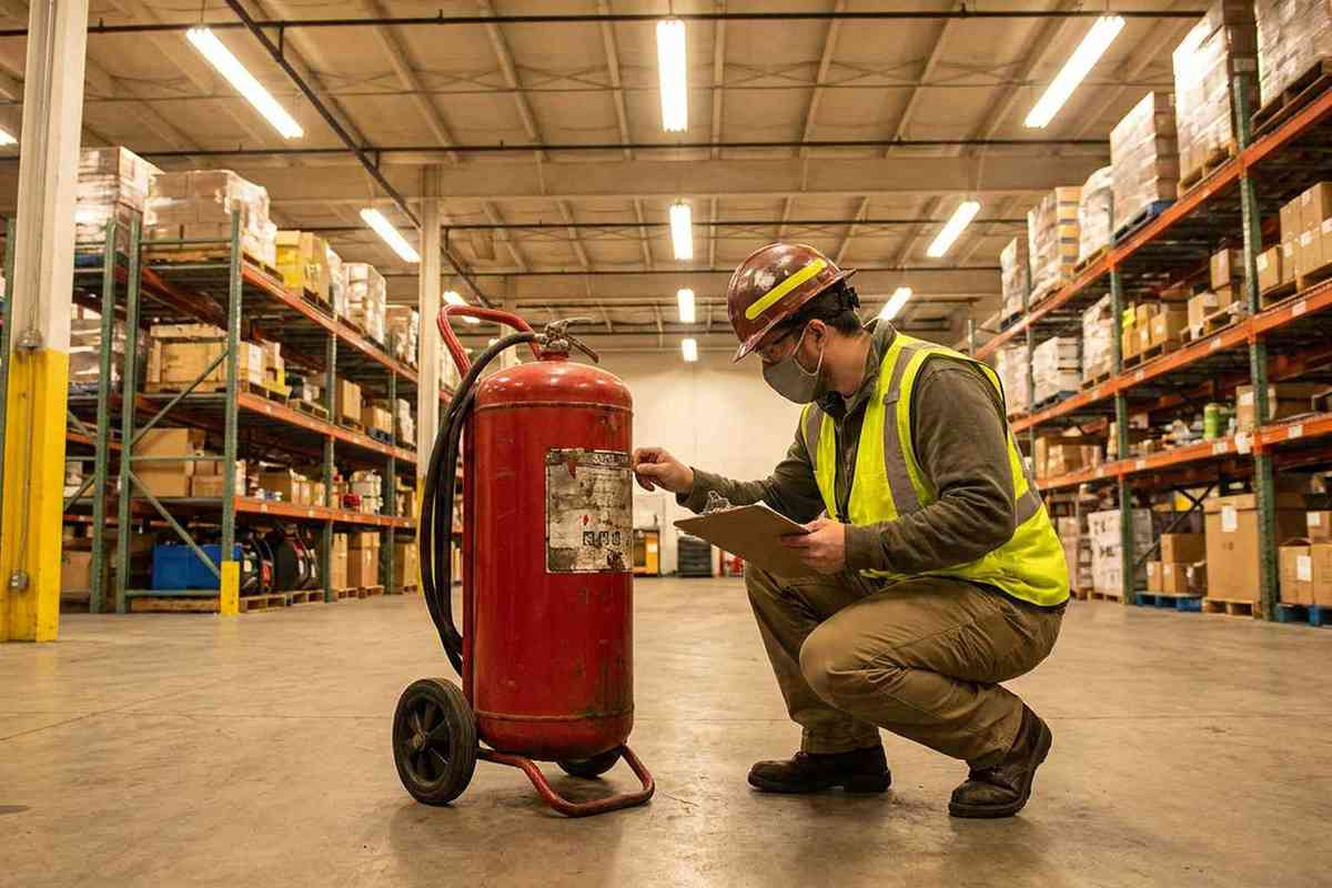 Fire safety inspector examining the rating label on a 20 lb fire extinguisher in a warehouse