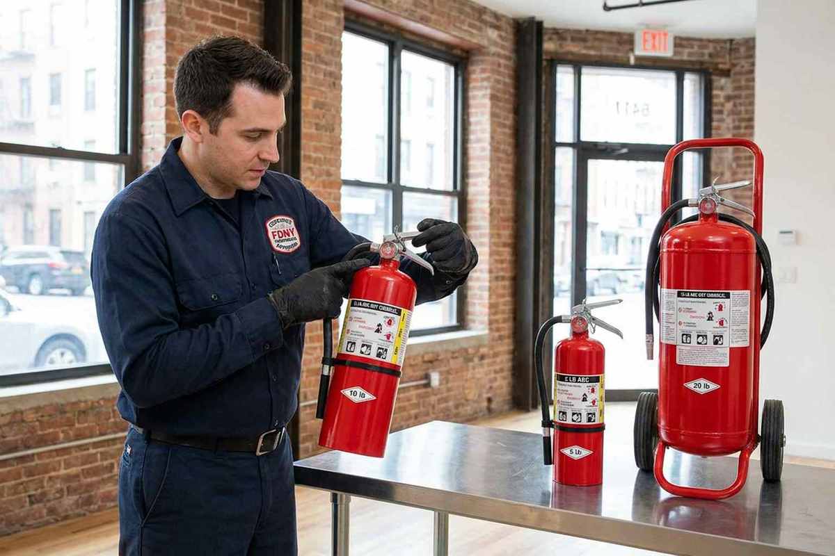 Certified fire safety technician comparing fire extinguisher sizes from 2.5 lb to 20 lb