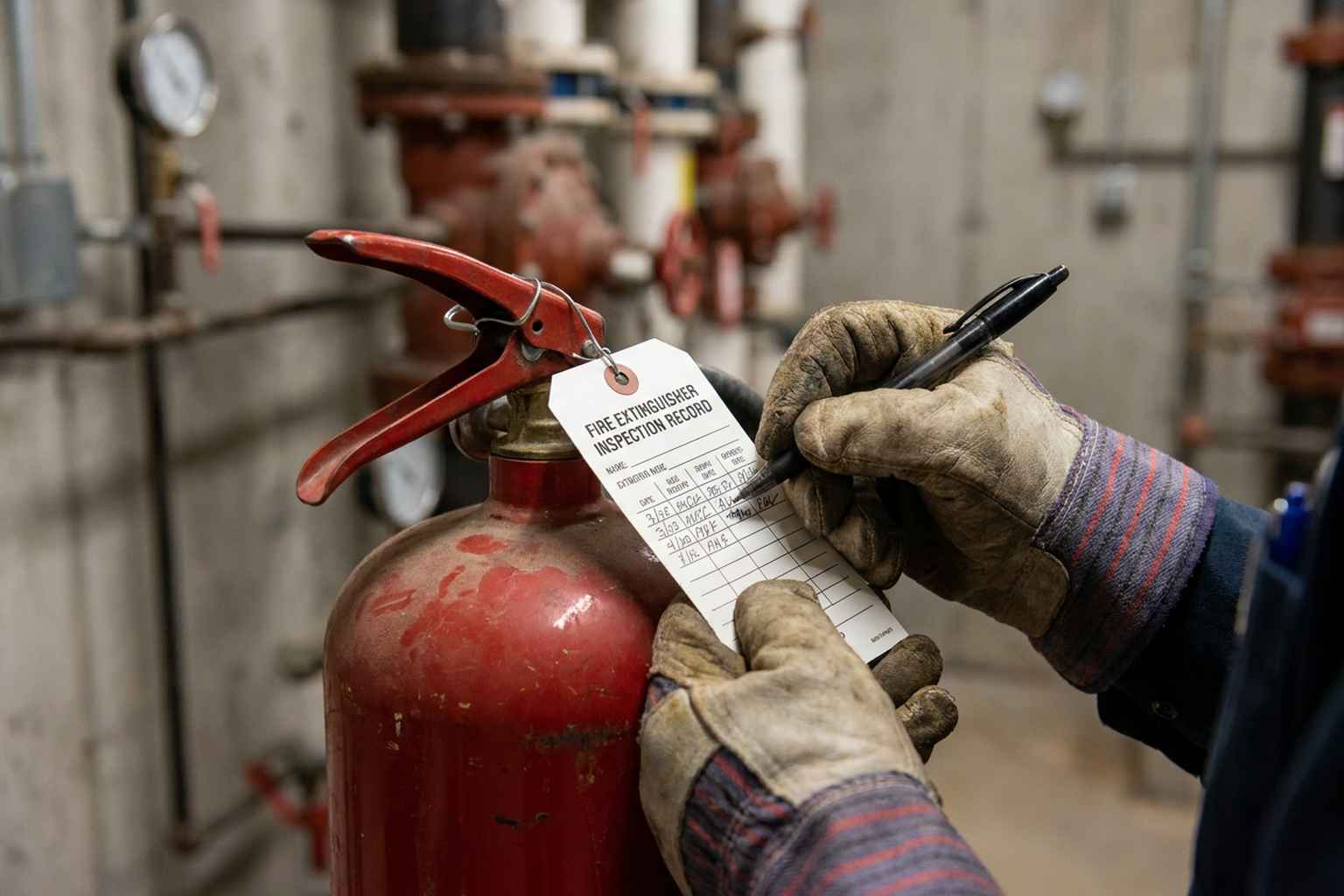 Fire safety technician filling out a white fire extinguisher inspection record tag with a pen