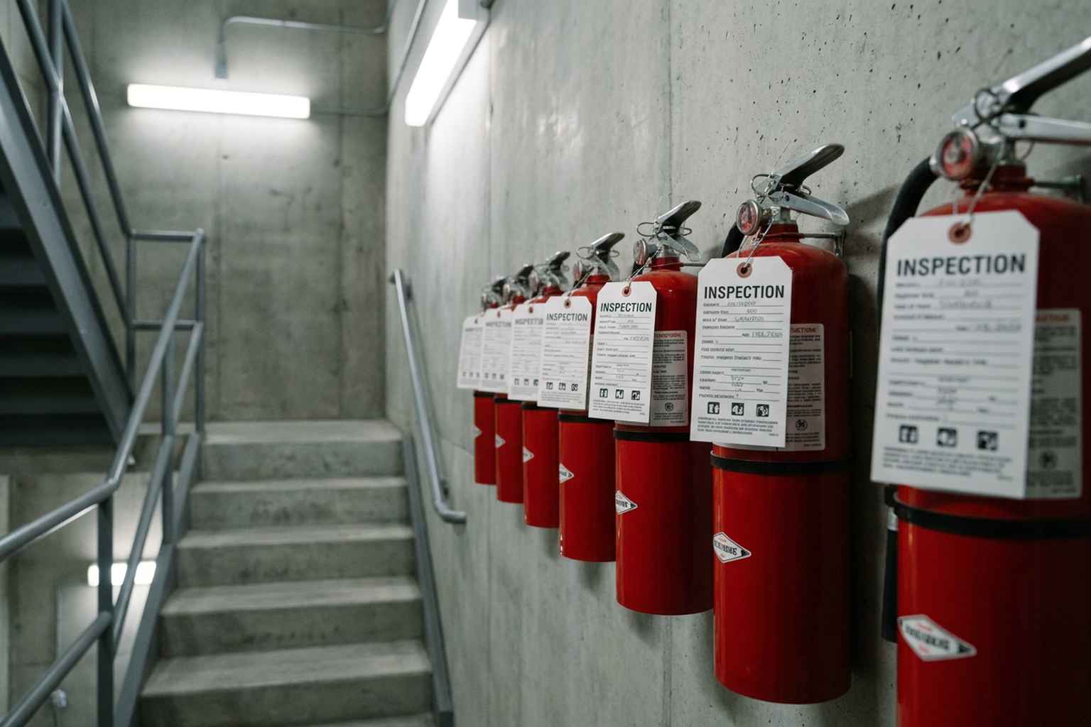 Red fire extinguishers lined up in a commercial building stairwell, each with a white inspection tag attached