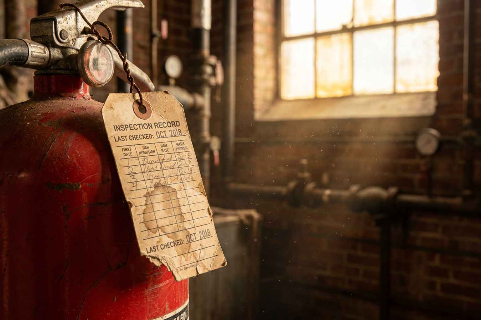 Worn and torn fire extinguisher tag with sun-faded print hanging from an old extinguisher in a boiler room