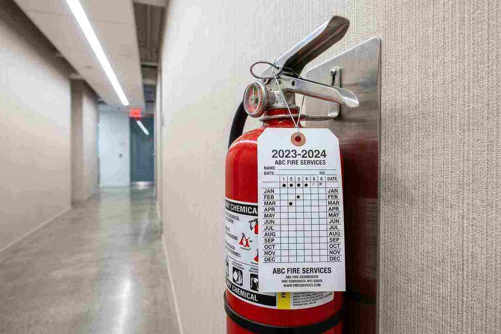 Red fire extinguisher mounted on a wall bracket with a white inspection record tag showing monthly punch holes