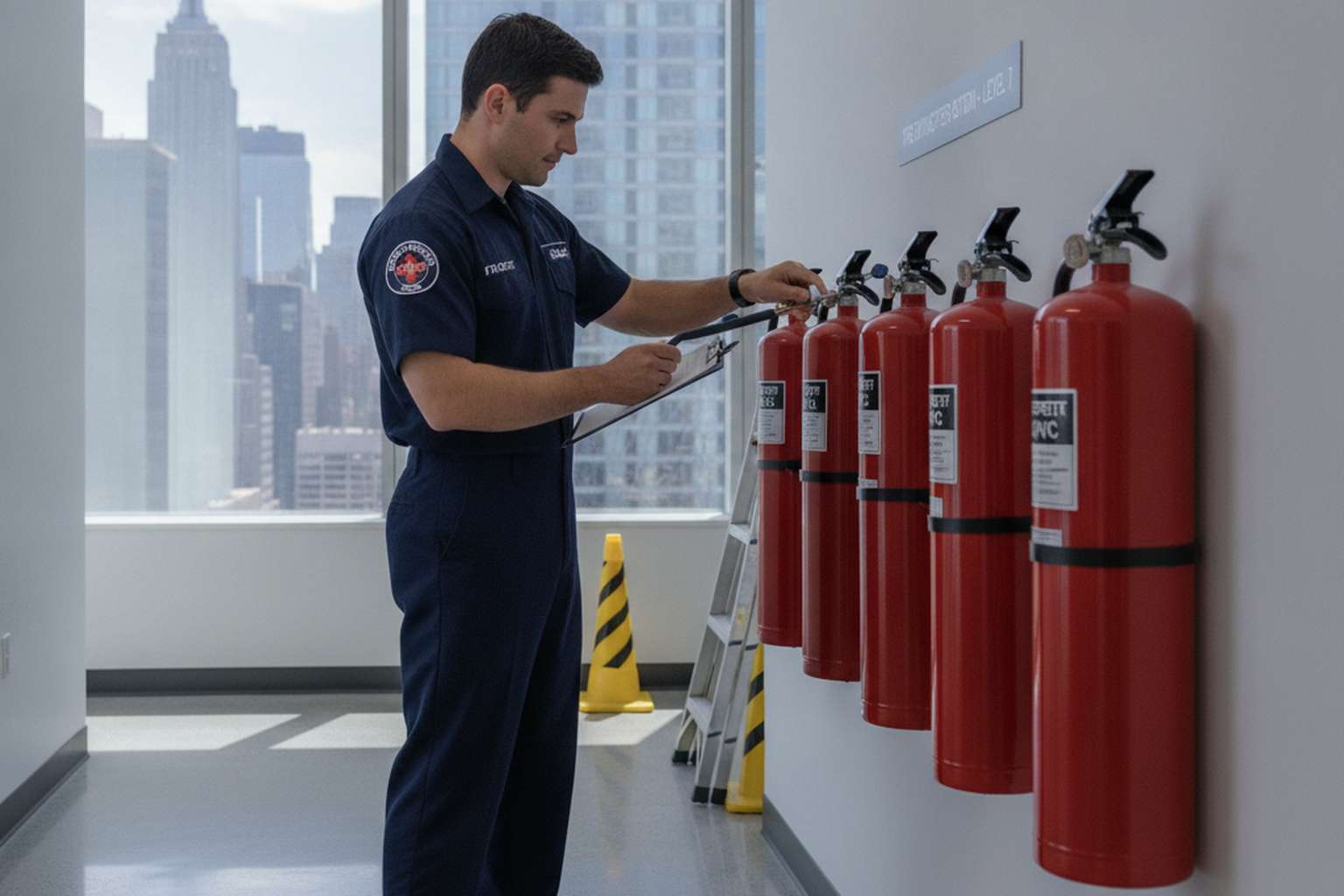 Certified fire protection technician inspecting fire extinguishers in a commercial building