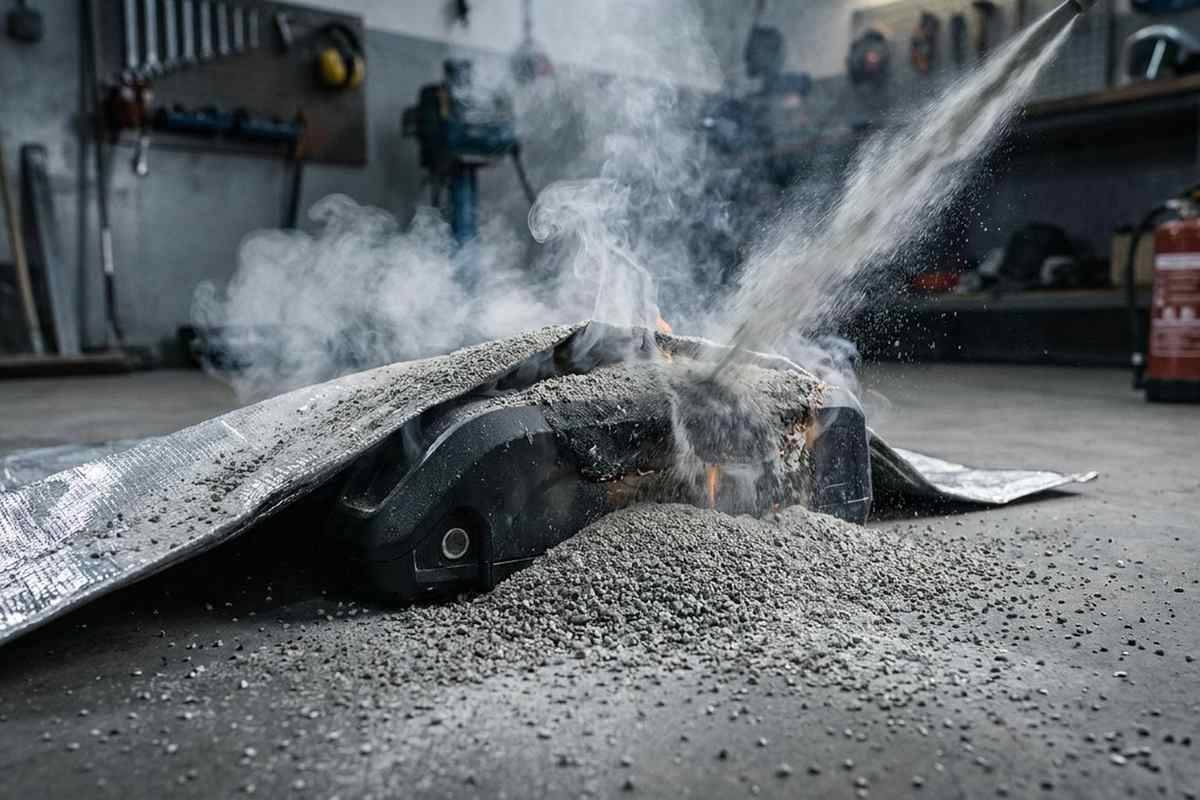 AVD vermiculite extinguisher spray suppressing a lithium-ion e-bike battery fire