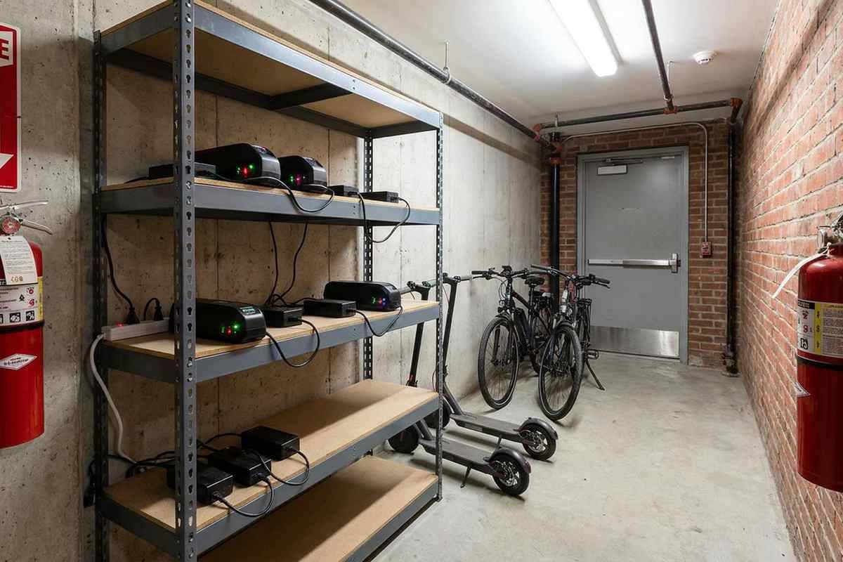 Safe e-bike charging station in a Brooklyn building storage room with wall mounted extinguisher