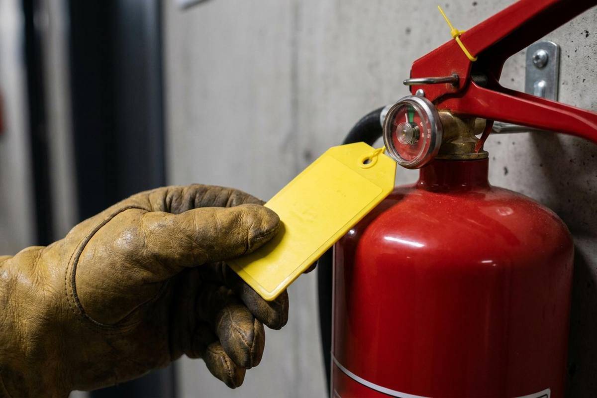 Fire safety technician checking an annual inspection tag on a wall mounted extinguisher