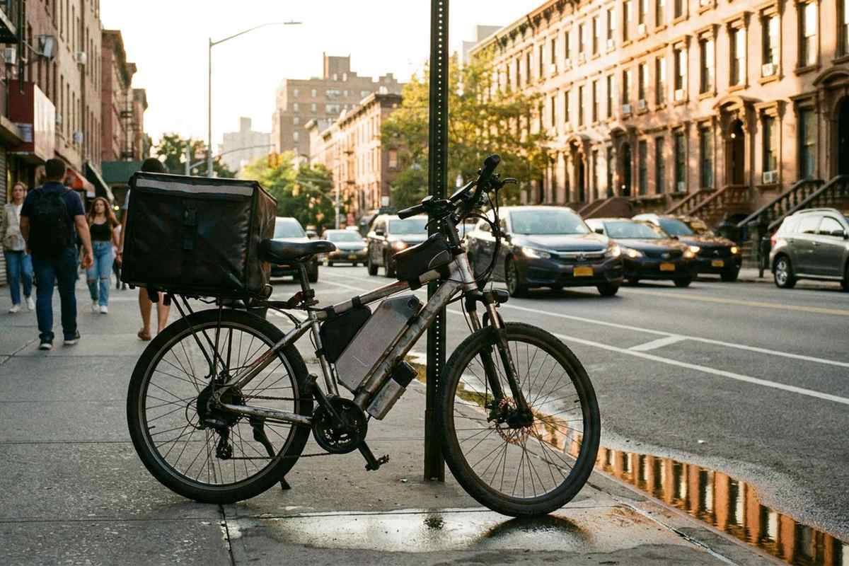 Food delivery e-bike with lithium battery pack parked on a New York City street