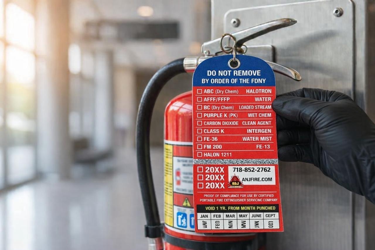 A&J Fire Extinguisher FDNY inspection tag on a professionally installed fire extinguisher in NYC